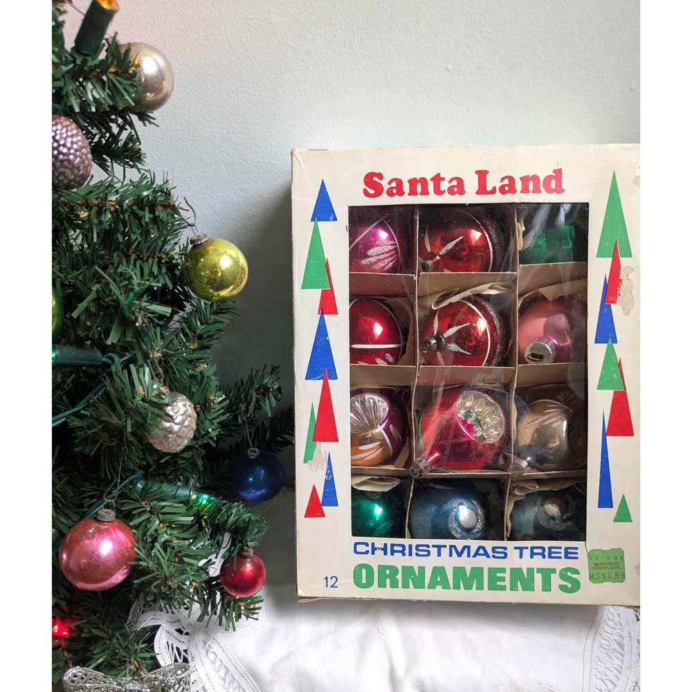 Vintage Santa Land Christmas Ornaments Set of 12 With Original Box Mercury Glass